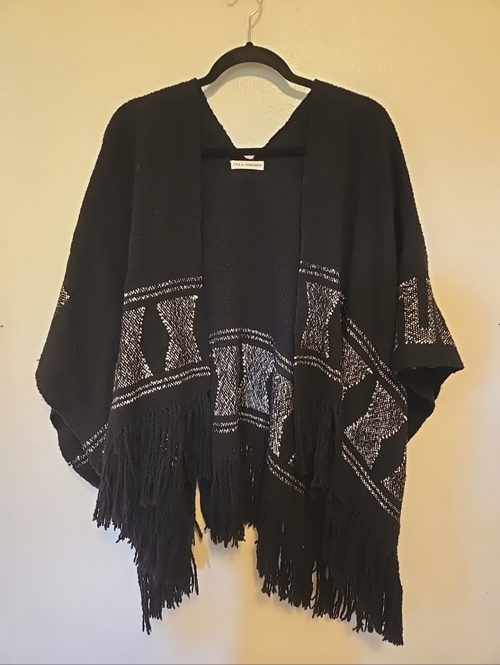 Ulla Johnson Open Front Sweater Shawl Fringe Cotton Black and White One Size